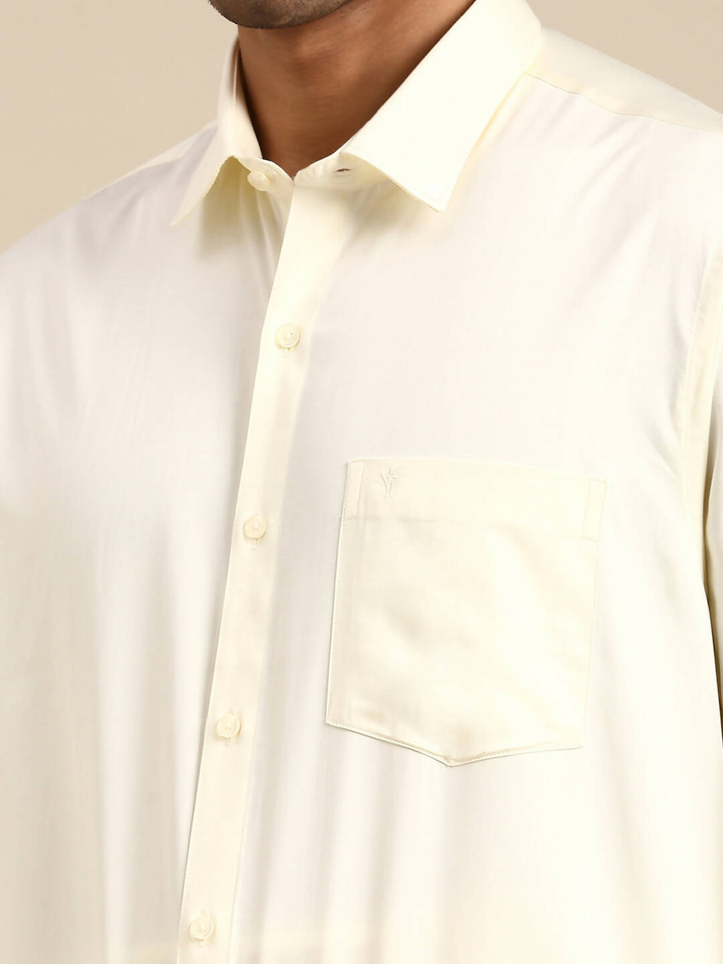Ramraj Cotton Premium Wedding Cream Regular Dhoti, Shirt & Towel Set Arathi 3/4"