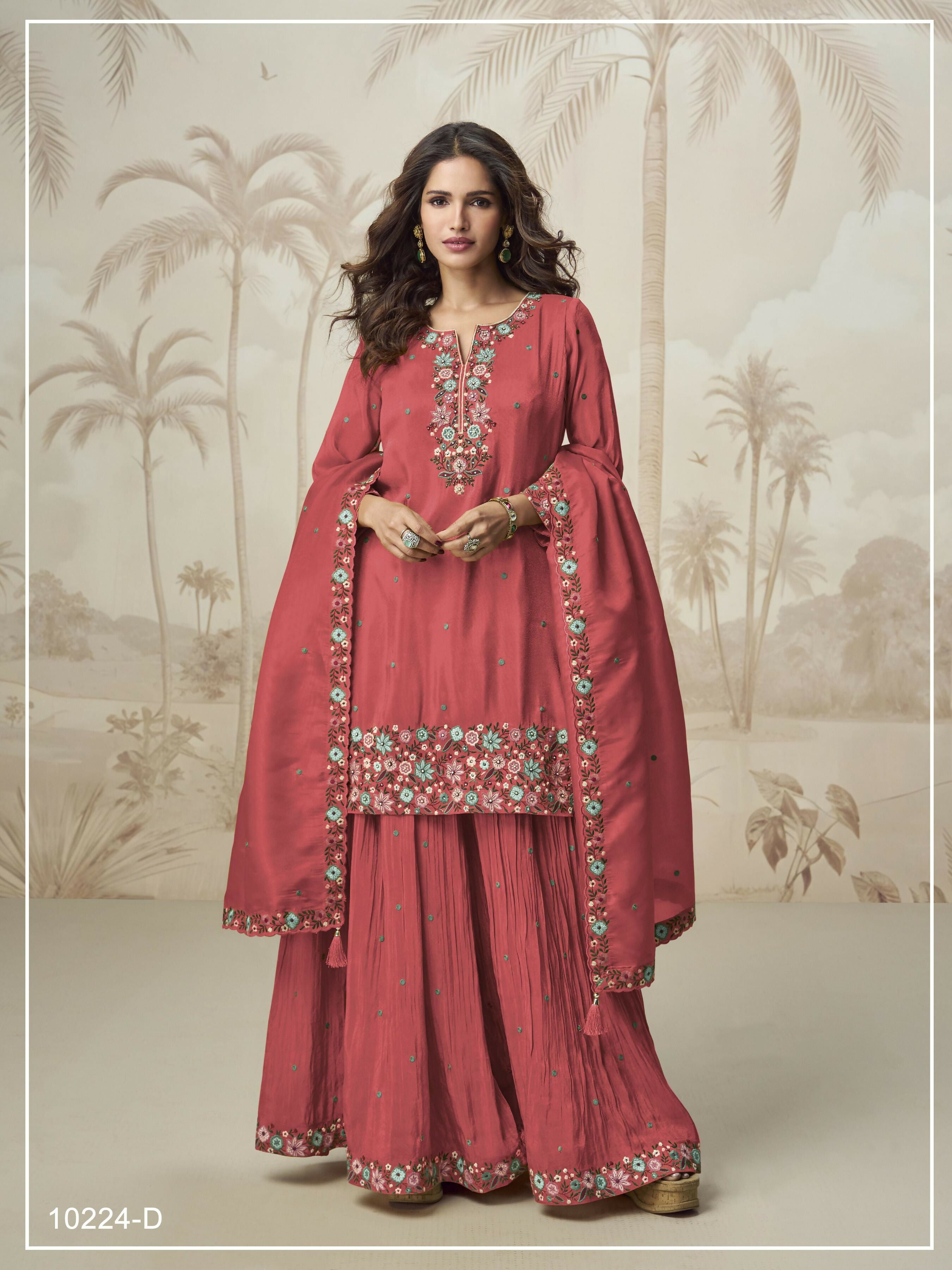 Anaita Peach Simar with Embroidery Multi & Zarkhan Work Readymade Palazzo suit - Distacart