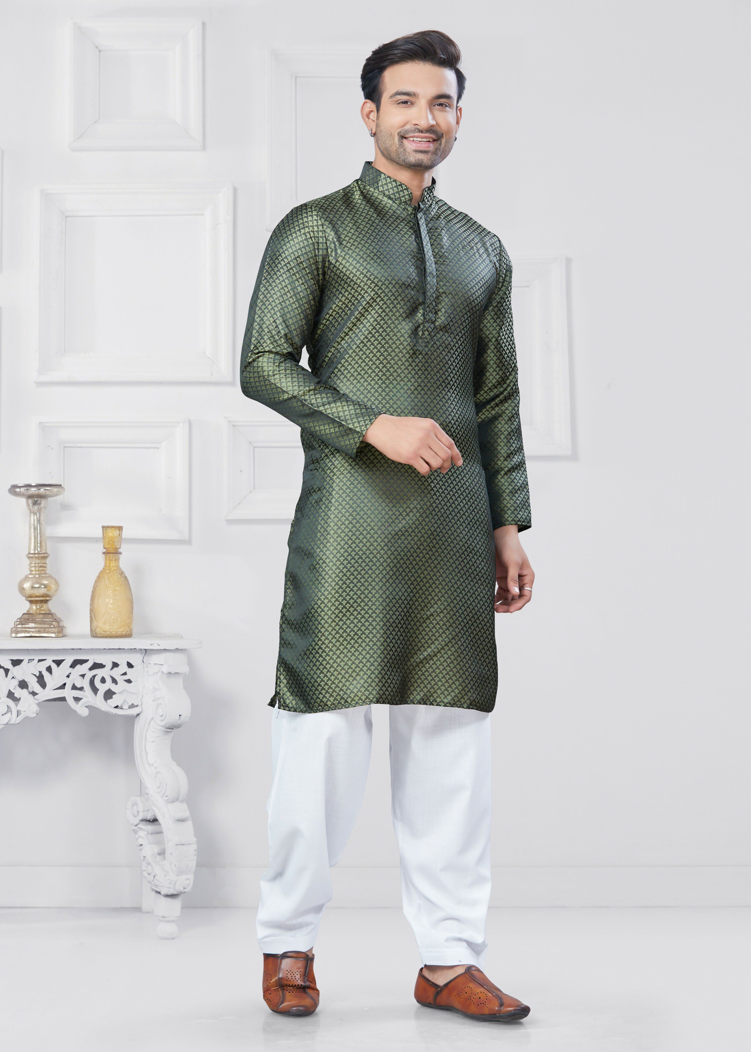 Joban Fashion Men's Jacquard Silk Green Printed Kurta Pyjama set