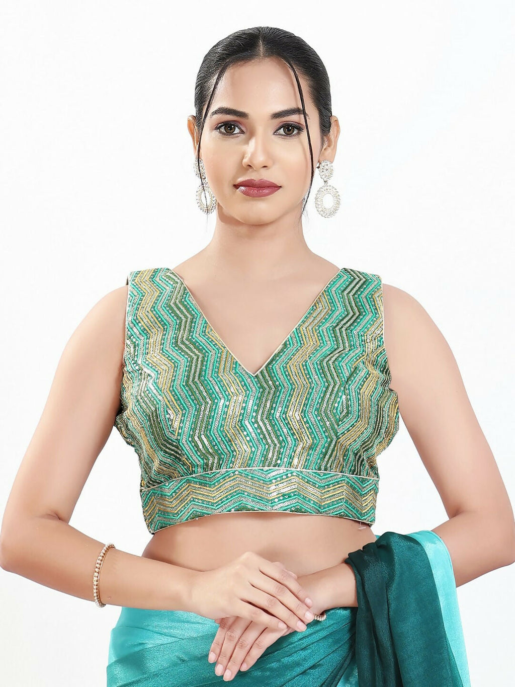 Joban Fashion Green Multi Silk Padded Blouse With V Neck Sleeveless - Distacart