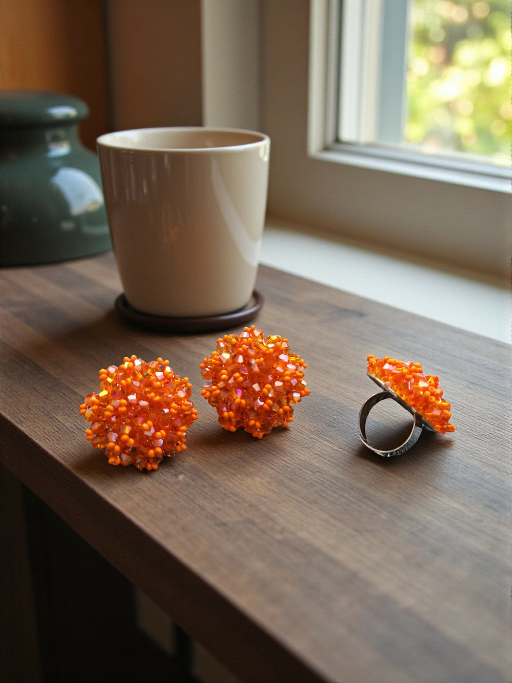 Inhanns Rangmani Crystal Duo – Adjustable Ring + Statement Earrings Set - Orange - Distacart