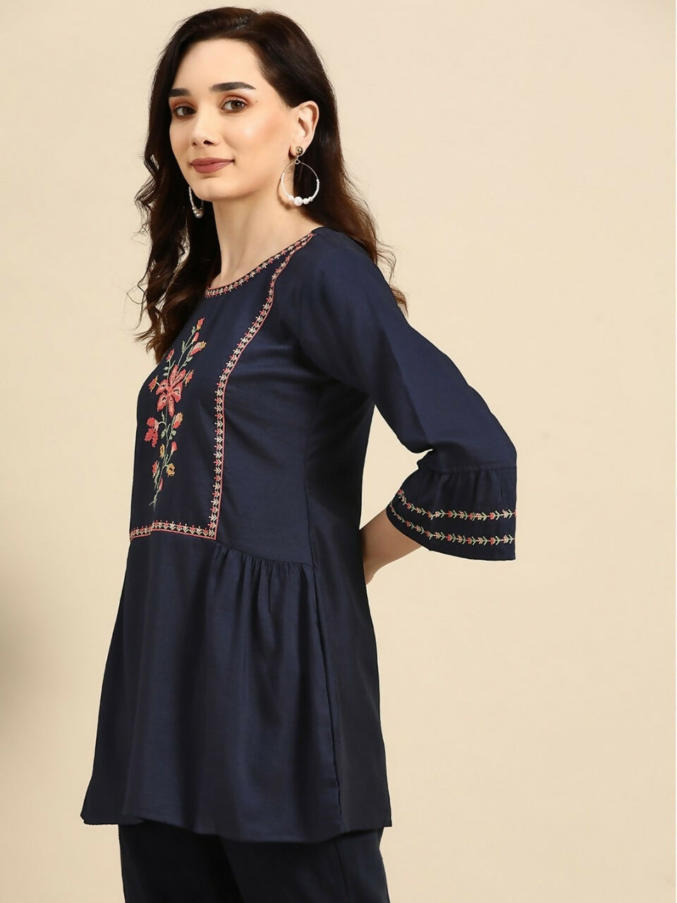 Women's Navy Blue Viscose blend Embroidered Short Top - Marina