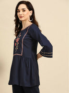 Women's Navy Blue Viscose blend Embroidered Short Top - Marina