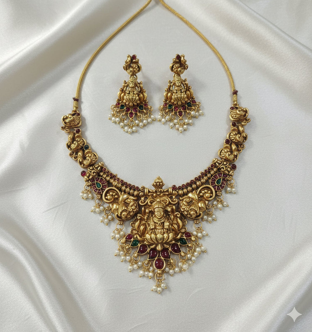 Jewel City Antique Gold-Plated Lakshmi Temple Necklace Set with Pearls & Ruby Green Stones for Women