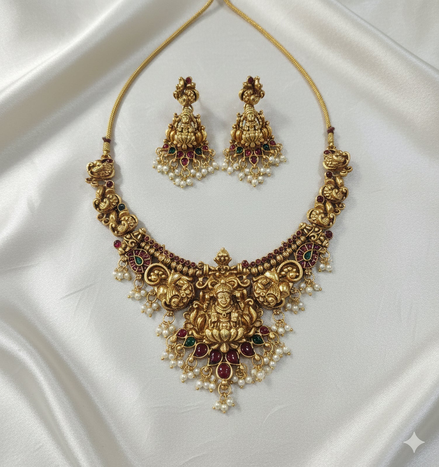 Jewel City Antique Gold-Plated Lakshmi Temple Necklace Set with Pearls & Ruby Green Stones for Women