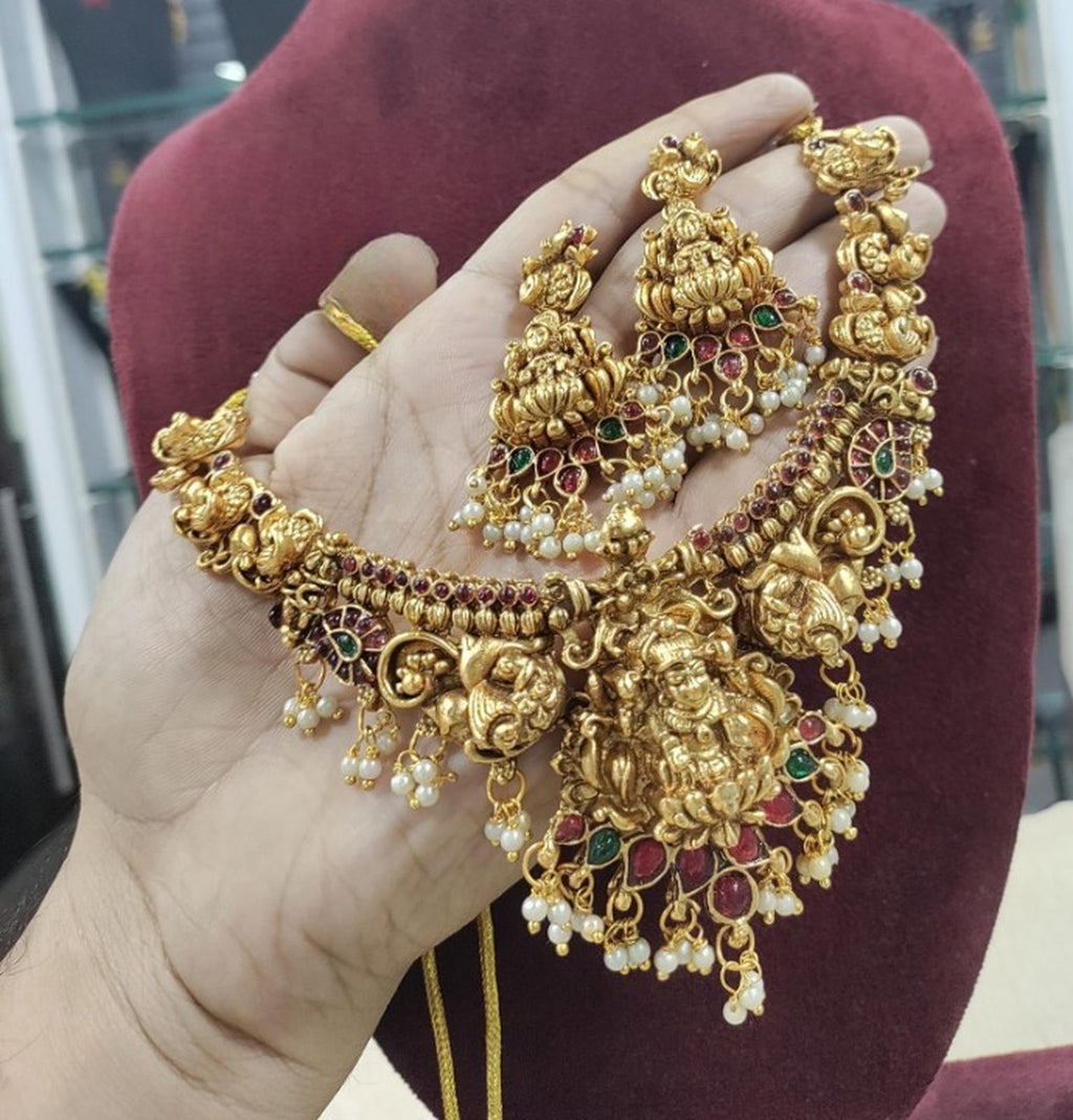 Jewel City Antique Gold-Plated Lakshmi Temple Necklace Set with Pearls & Ruby Green Stones for Women