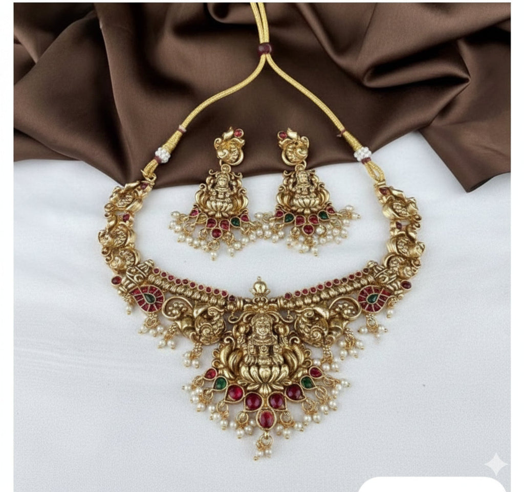 Jewel City Antique Gold-Plated Lakshmi Temple Necklace Set with Pearls & Ruby Green Stones for Women