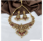 Jewel City Antique Gold-Plated Lakshmi Temple Necklace Set with Pearls & Ruby Green Stones for Women