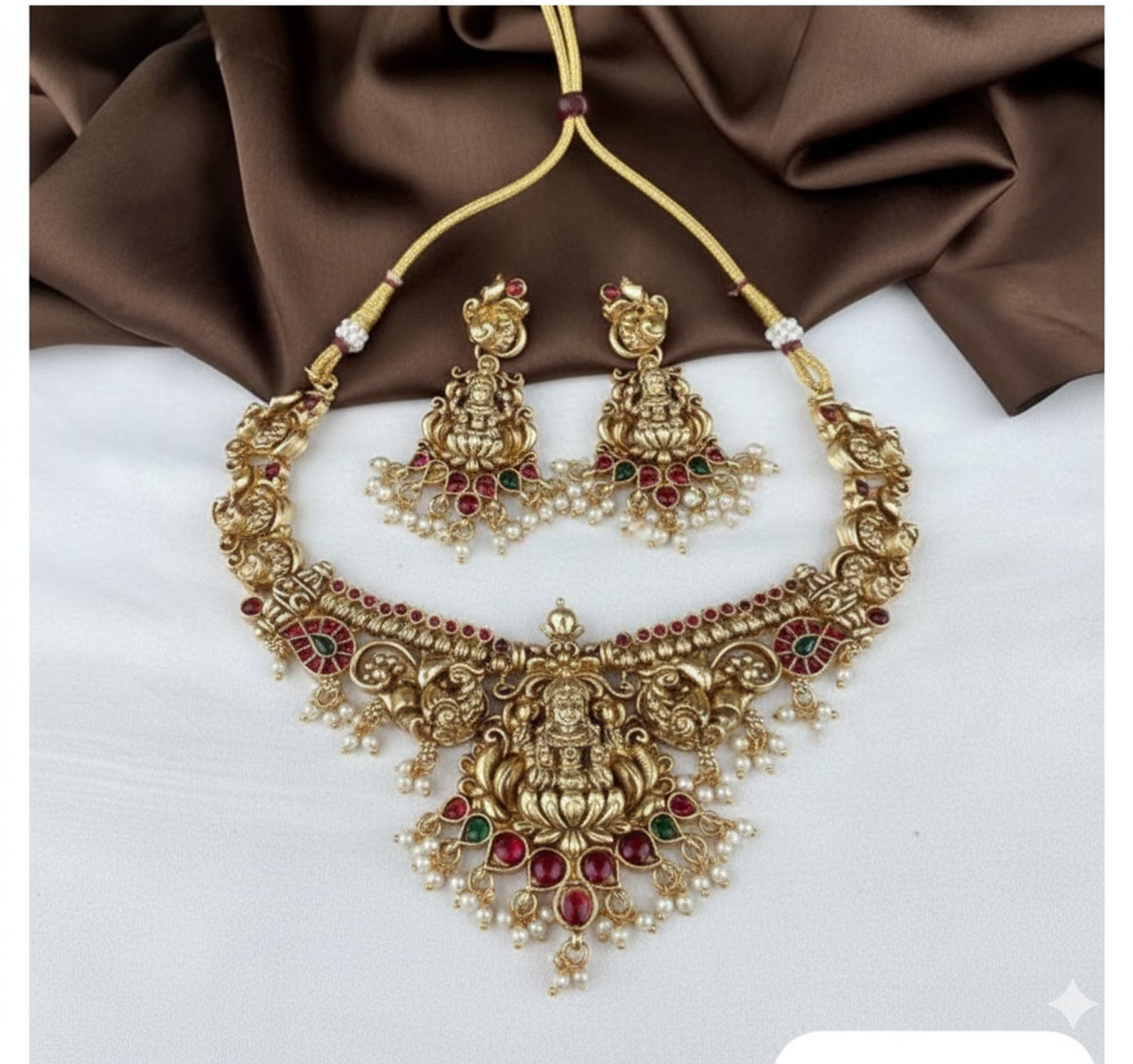 Jewel City Antique Gold-Plated Lakshmi Temple Necklace Set with Pearls & Ruby Green Stones for Women