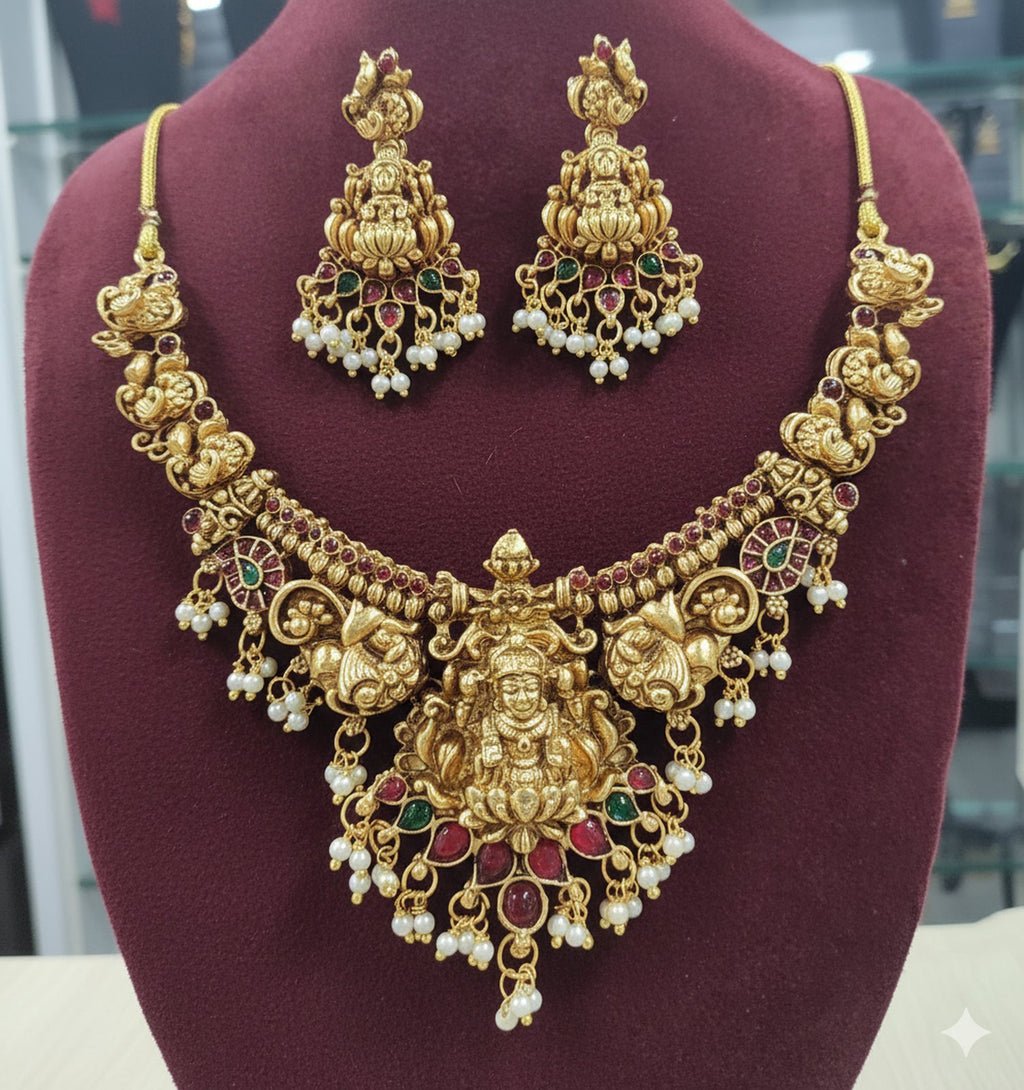 Jewel City Antique Gold-Plated Lakshmi Temple Necklace Set with Pearls & Ruby Green Stones for Women