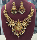 Jewel City Antique Gold-Plated Lakshmi Temple Necklace Set with Pearls & Ruby Green Stones for Women