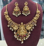 Jewel City Antique Gold-Plated Lakshmi Temple Necklace Set with Pearls & Ruby Green Stones for Women