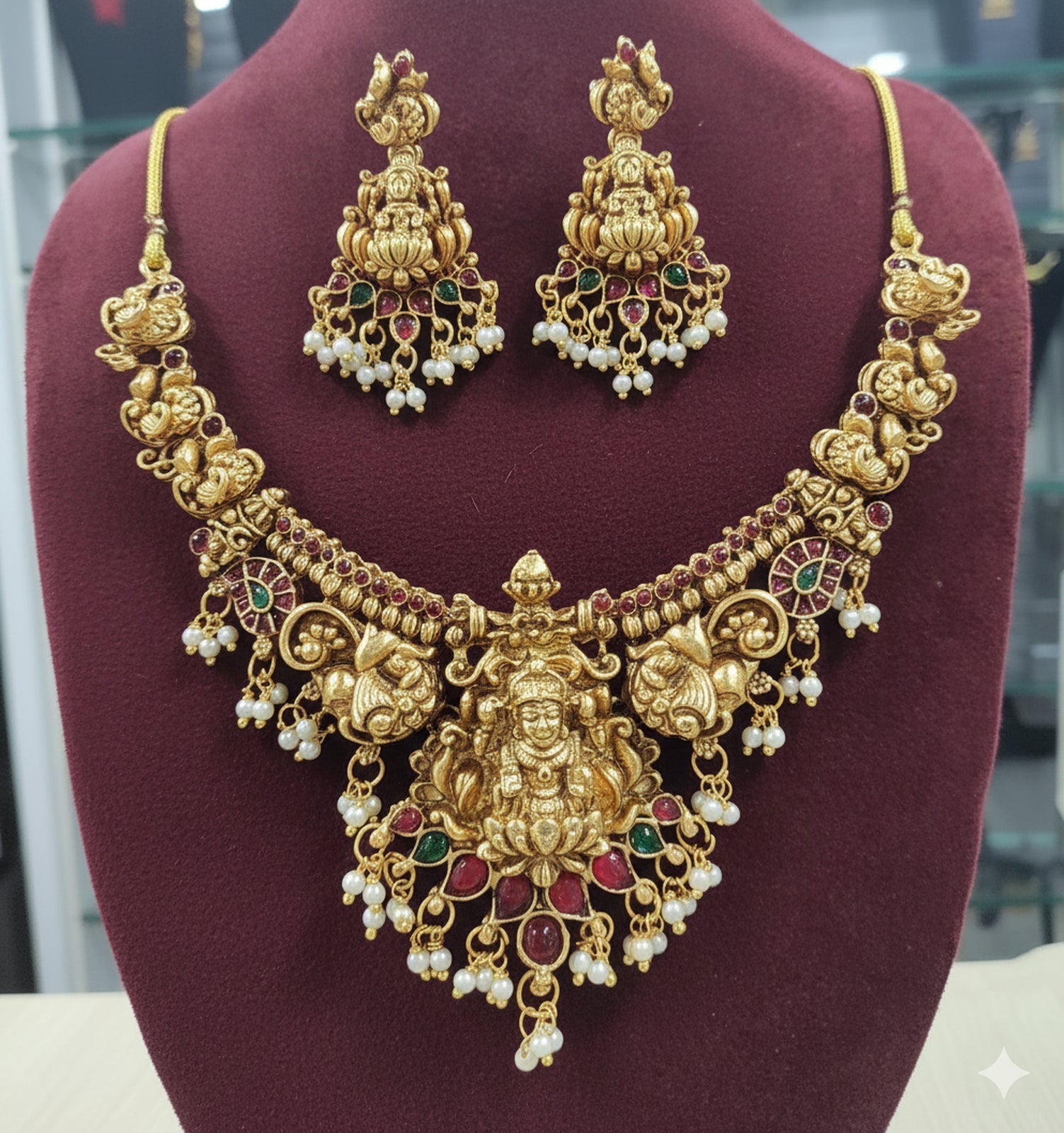 Jewel City Antique Gold-Plated Lakshmi Temple Necklace Set with Pearls & Ruby Green Stones for Women