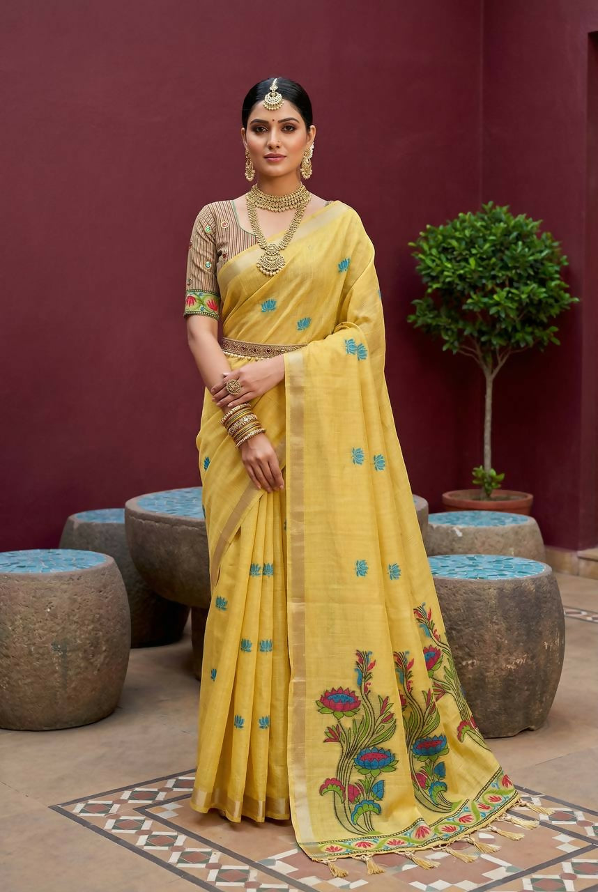 Vastranavya Yellow Muga Cotton Meenakari & Azarakh Pallu Saree with Contrast Blouse - Distacart