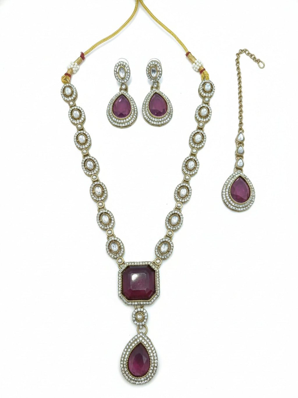 Jewel City Traditional Wine Color 3-Piece Set (Necklace, Earrings, And Maang Tikka)