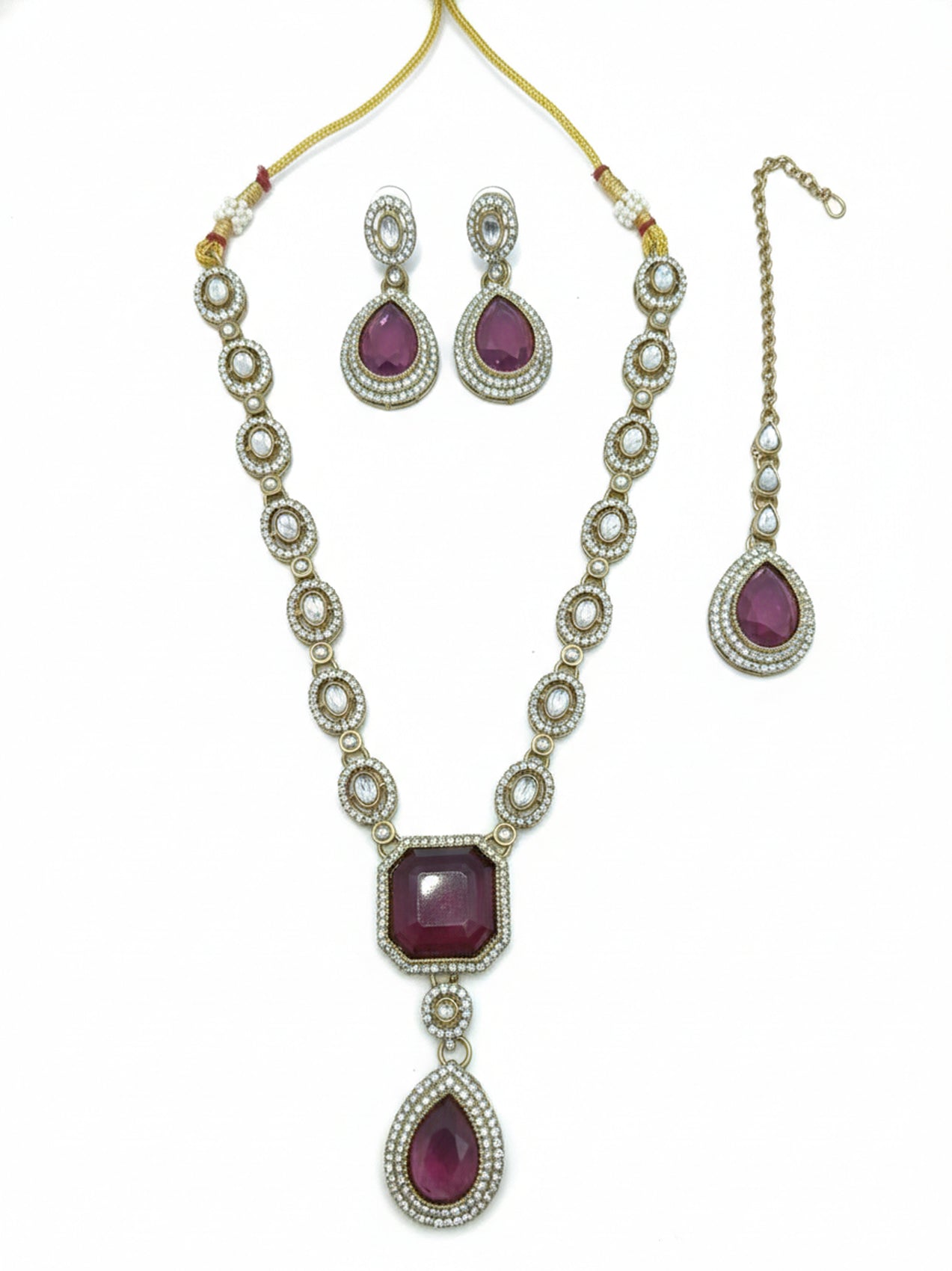 Jewel City Traditional Wine Color 3-Piece Set (Necklace, Earrings, And Maang Tikka)