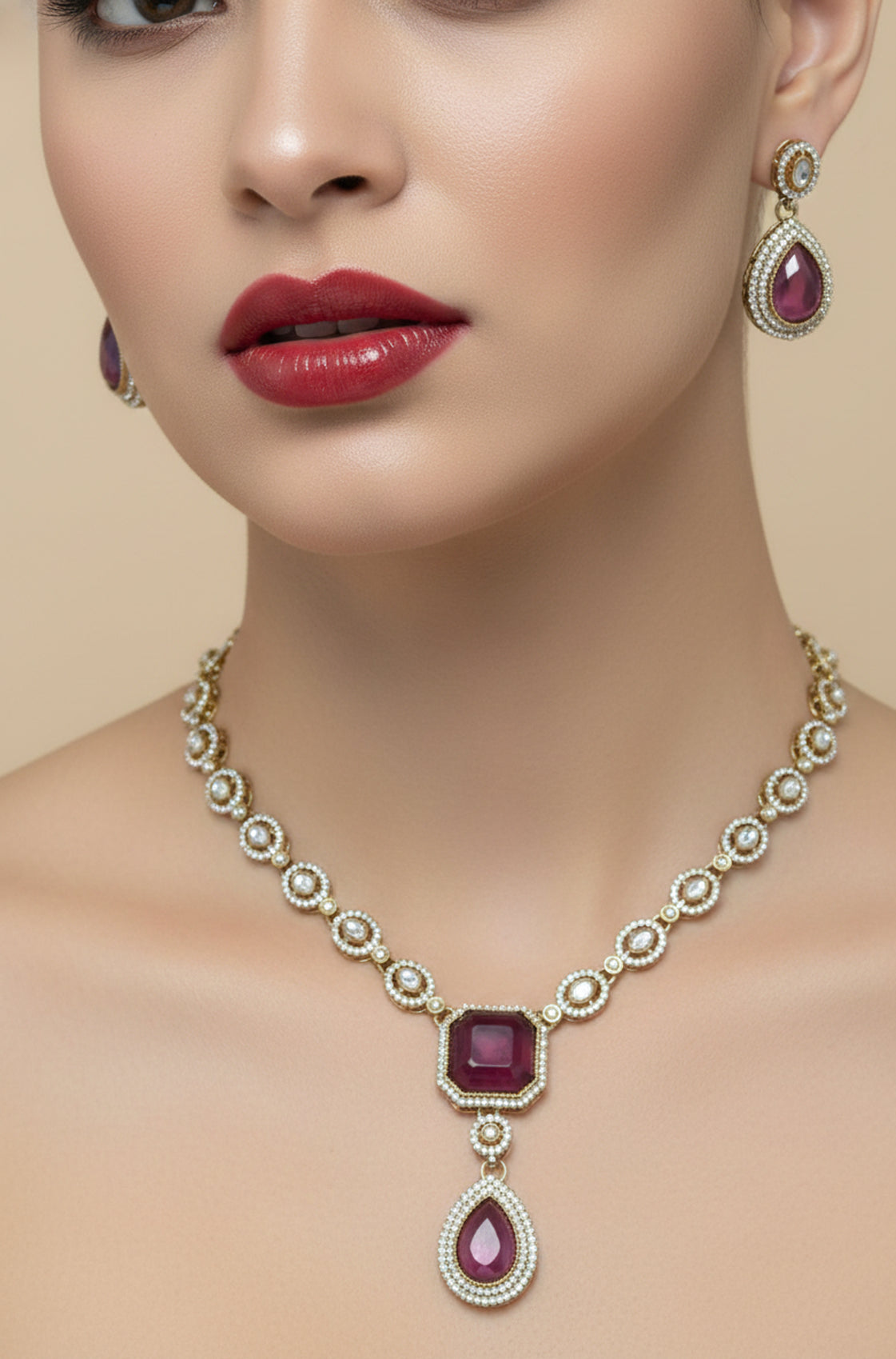 Jewel City Traditional Wine Color 3-Piece Set (Necklace, Earrings, And Maang Tikka)