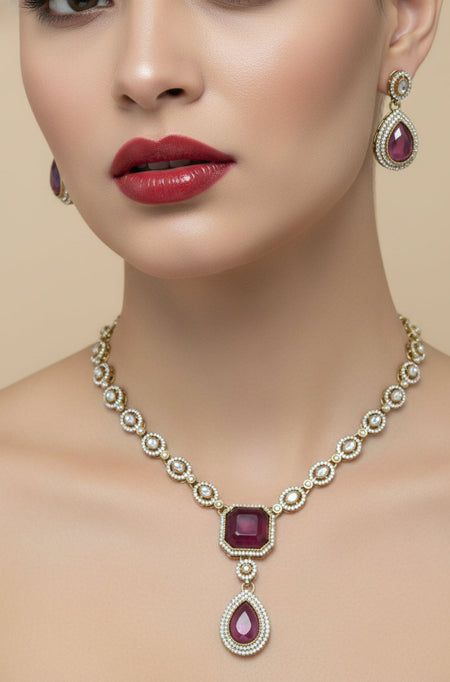 Jewel City Traditional Wine Color 3-Piece Set (Necklace, Earrings, And Maang Tikka)