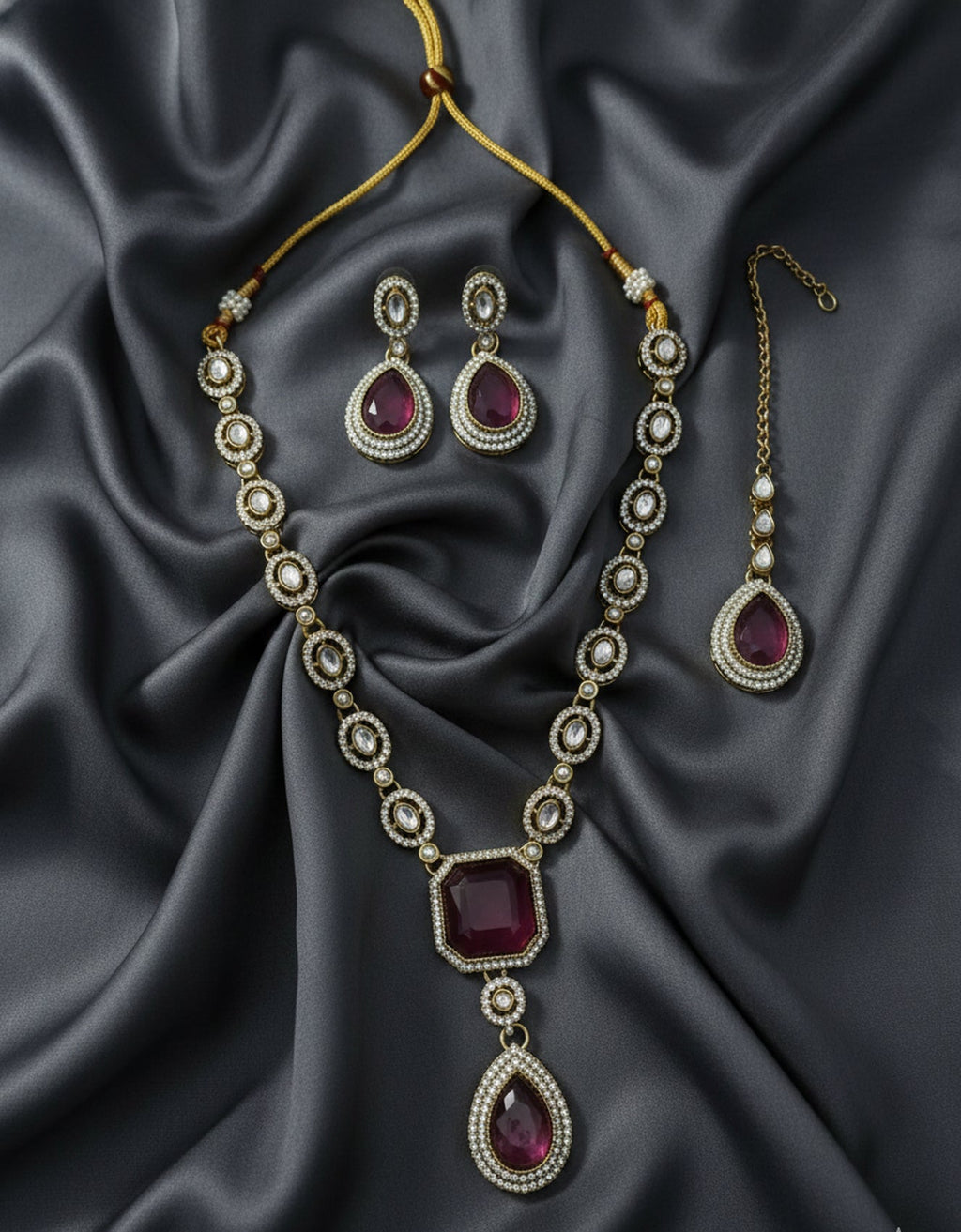 Jewel City Traditional Wine Color 3-Piece Set (Necklace, Earrings, And Maang Tikka)