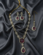 Jewel City Traditional Wine Color 3-Piece Set (Necklace, Earrings, And Maang Tikka)