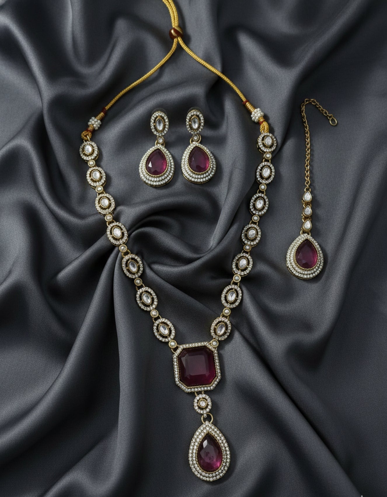Jewel City Traditional Wine Color 3-Piece Set (Necklace, Earrings, And Maang Tikka)