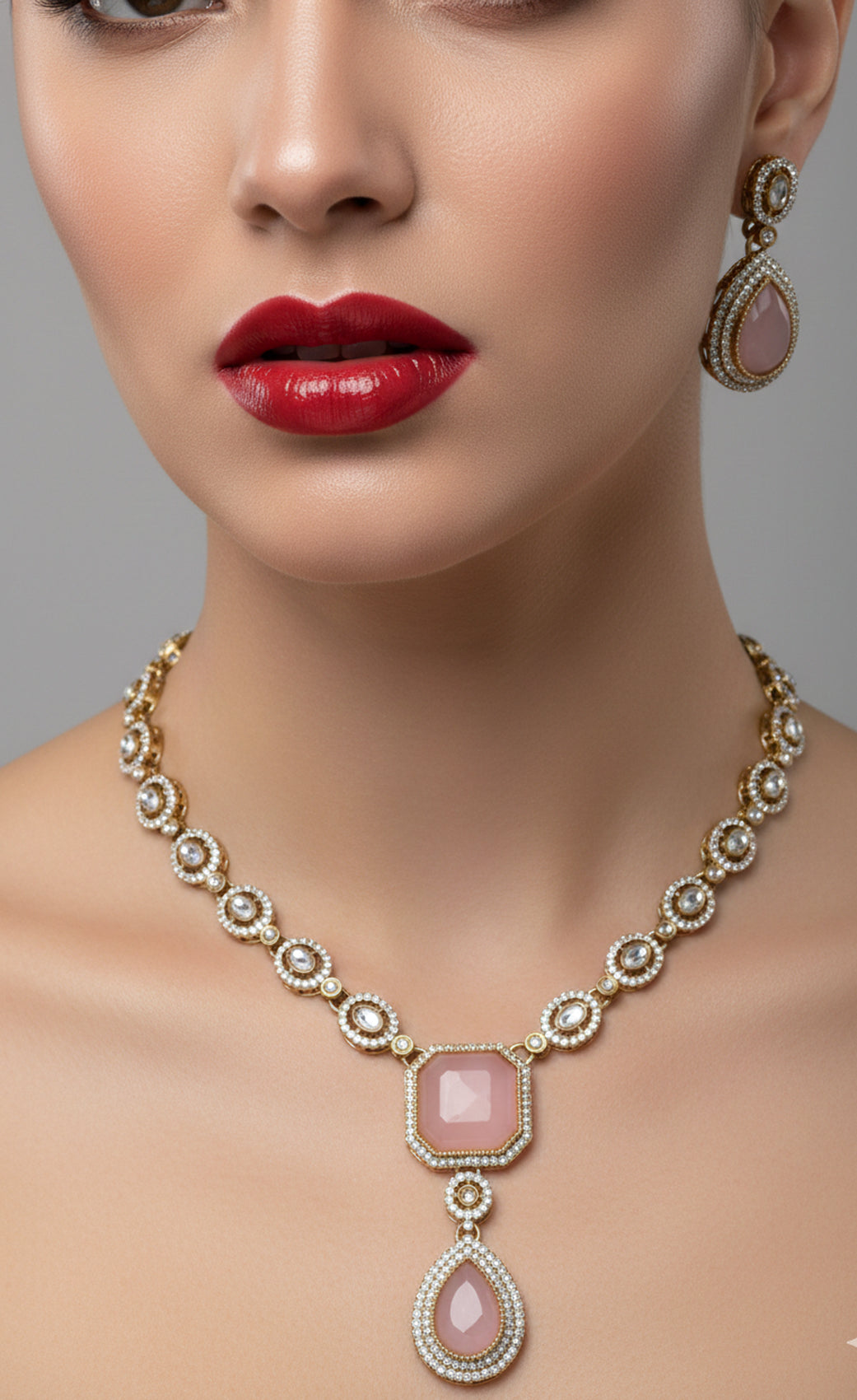 Jewel City Traditional 3-Piece Pink Jewelry Set (Necklace, Earrings, And Maang Tikka)