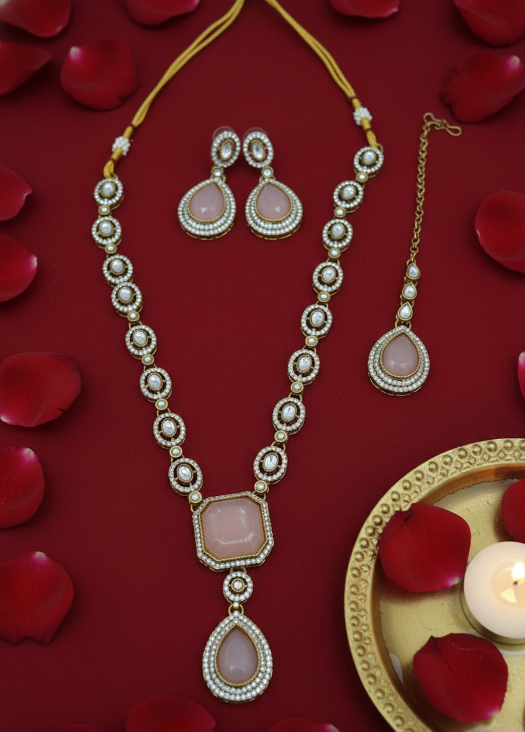 Jewel City Traditional 3-Piece Pink Jewelry Set (Necklace, Earrings, And Maang Tikka)