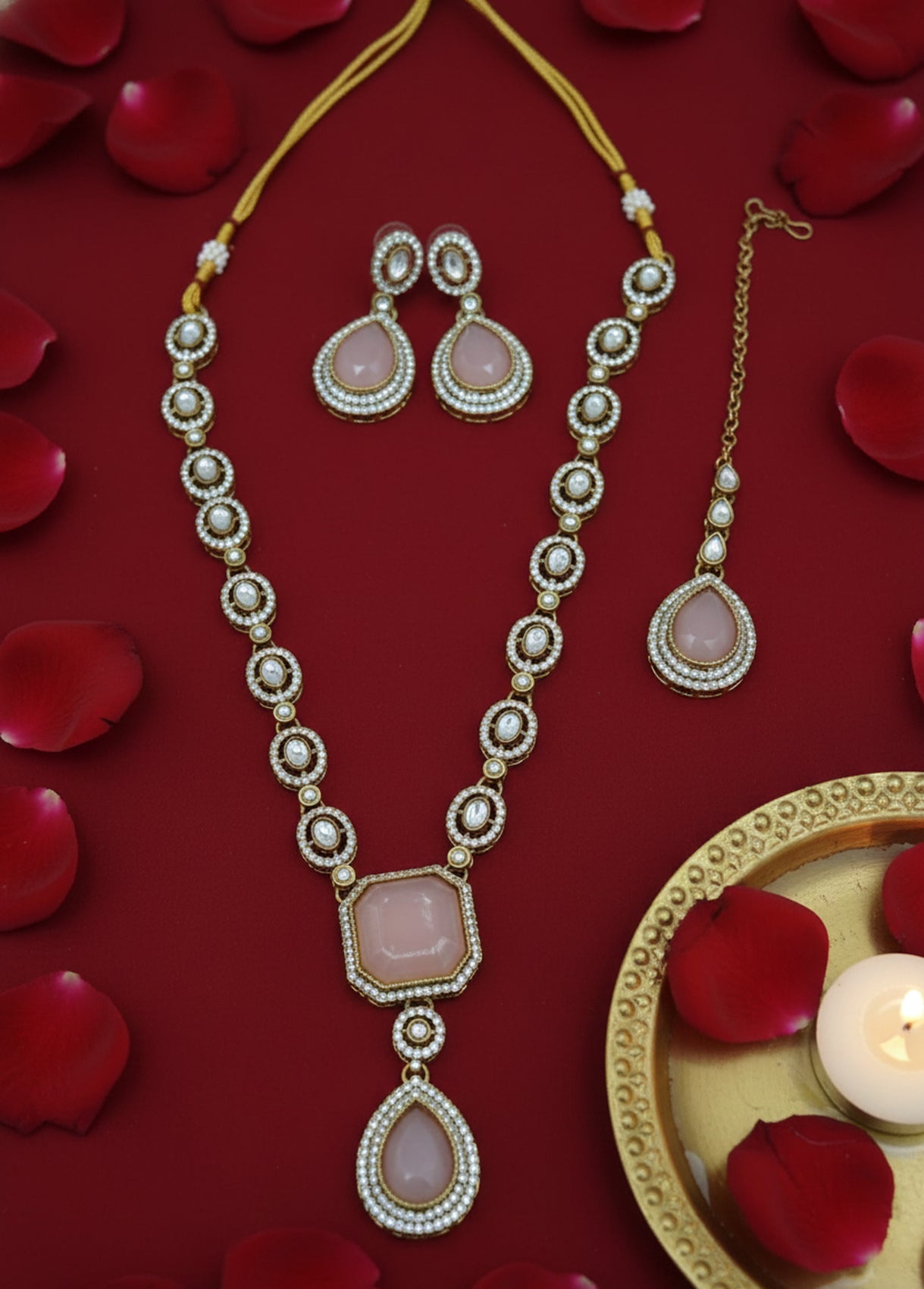 Jewel City Traditional 3-Piece Pink Jewelry Set (Necklace, Earrings, And Maang Tikka)