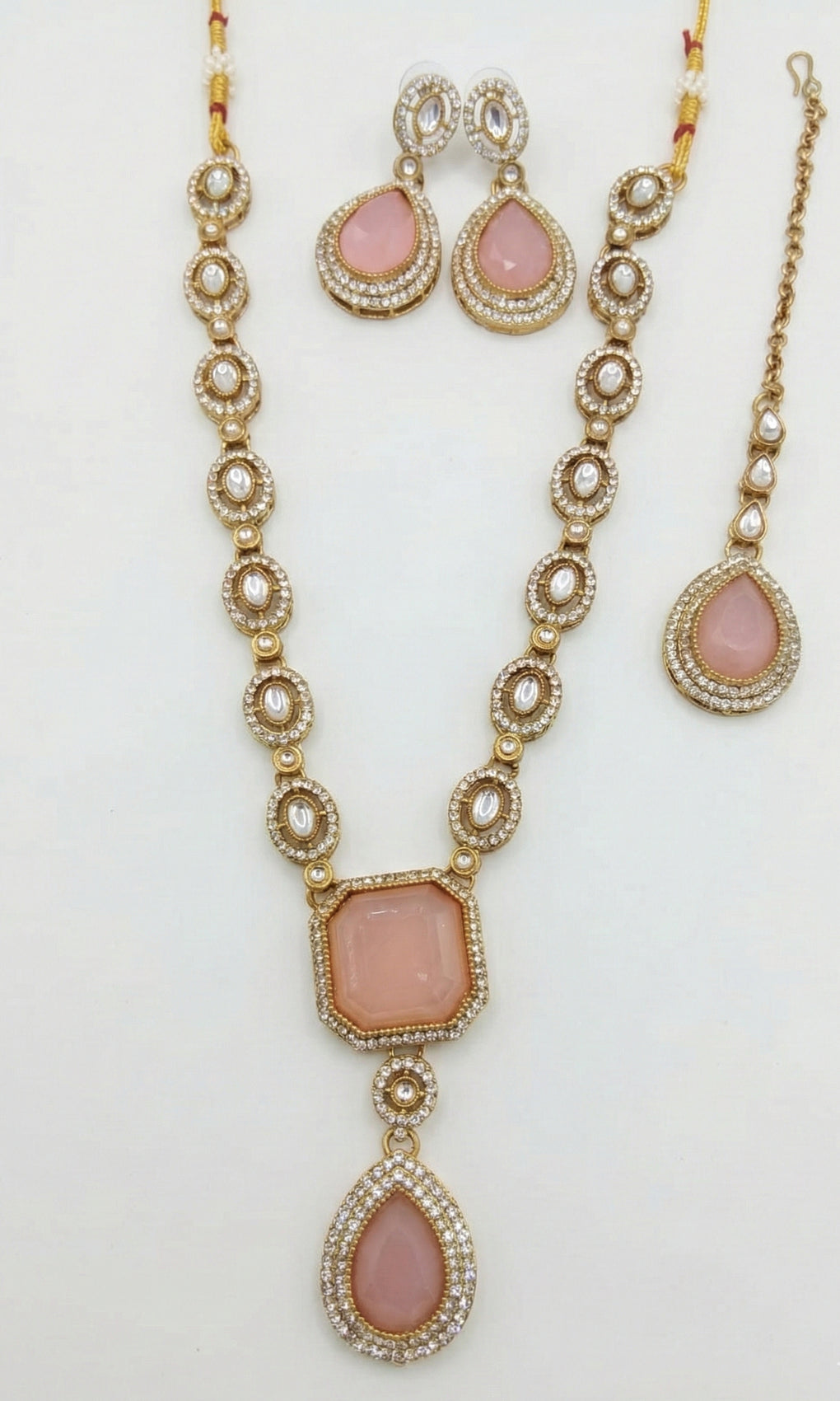 Jewel City Traditional 3-Piece Pink Jewelry Set (Necklace, Earrings, And Maang Tikka)
