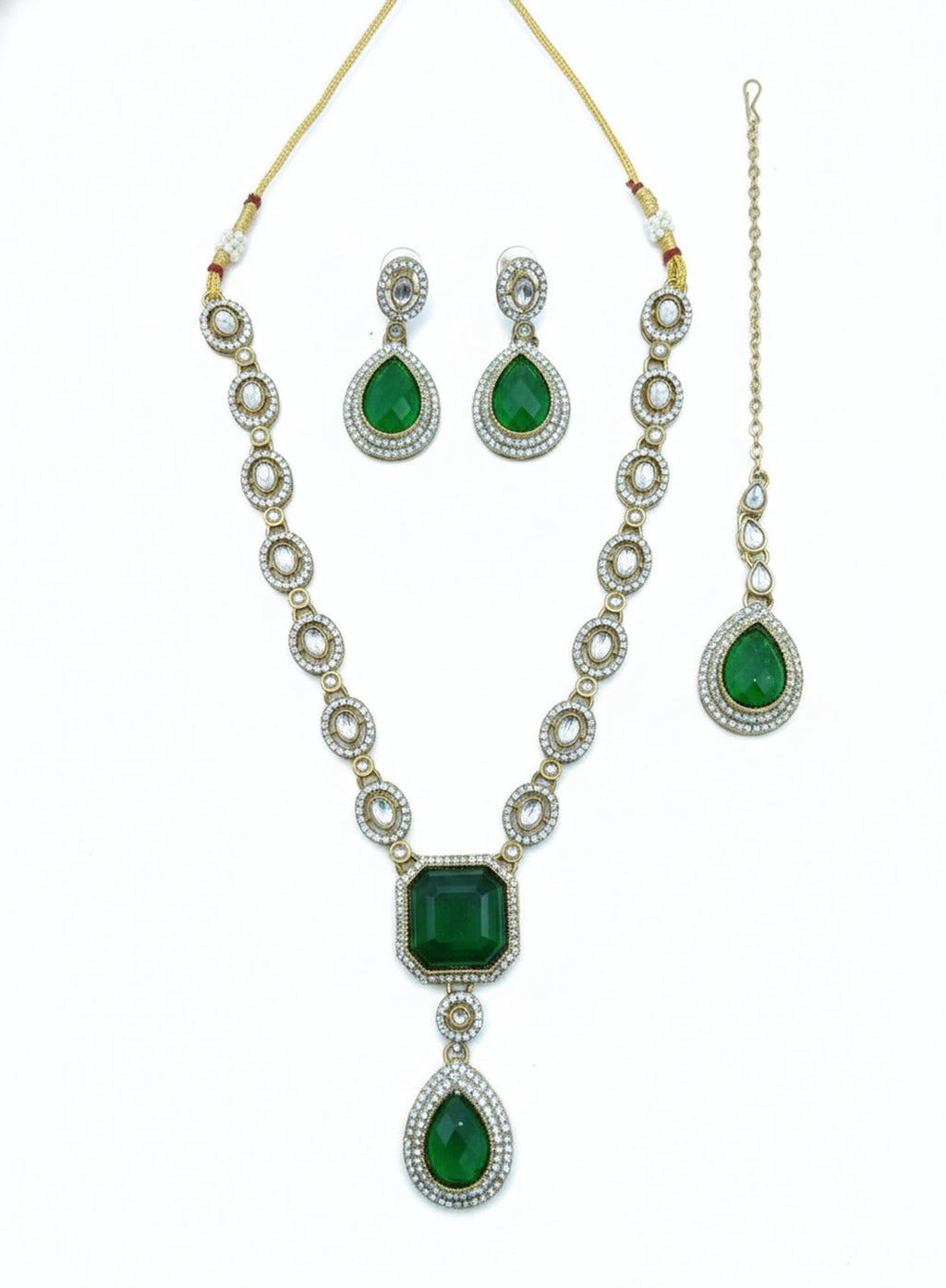 Jewel City Traditional 3-Piece Green Jewelry Set (Necklace, Earrings, And Maang Tikka)