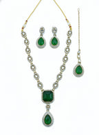 Jewel City Traditional 3-Piece Green Jewelry Set (Necklace, Earrings, And Maang Tikka)