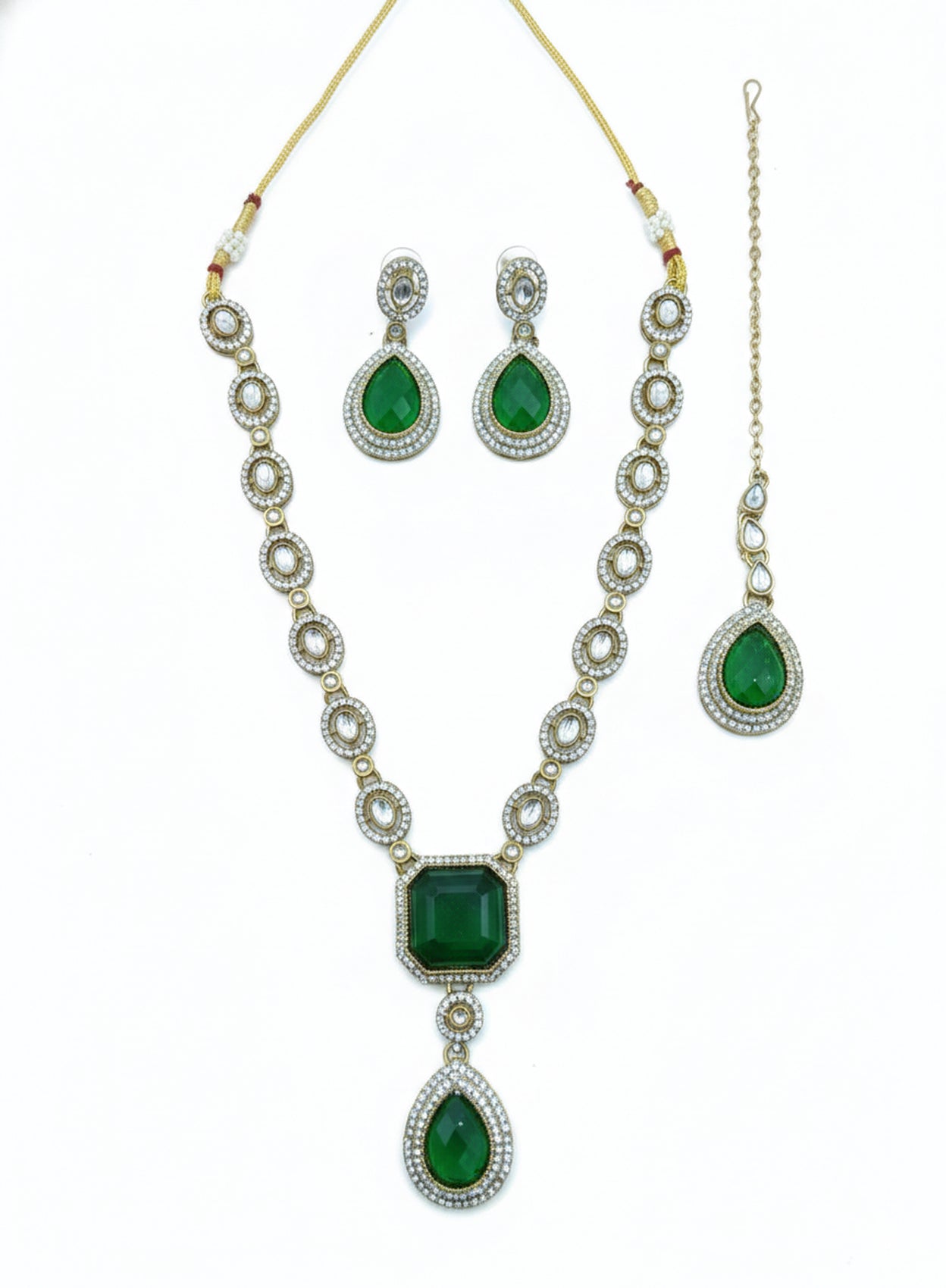 Jewel City Traditional 3-Piece Green Jewelry Set (Necklace, Earrings, And Maang Tikka)