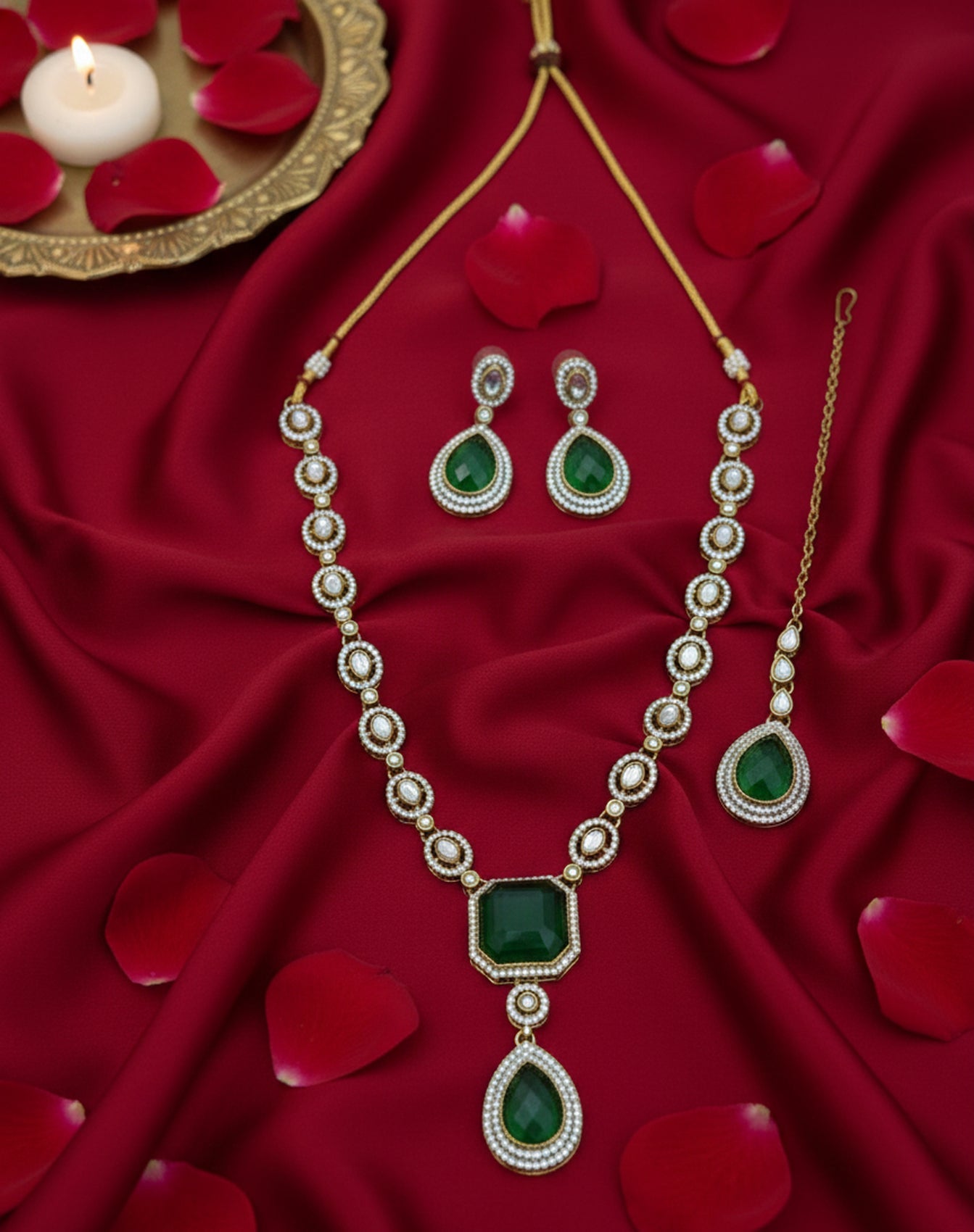 Jewel City Traditional 3-Piece Green Jewelry Set (Necklace, Earrings, And Maang Tikka)