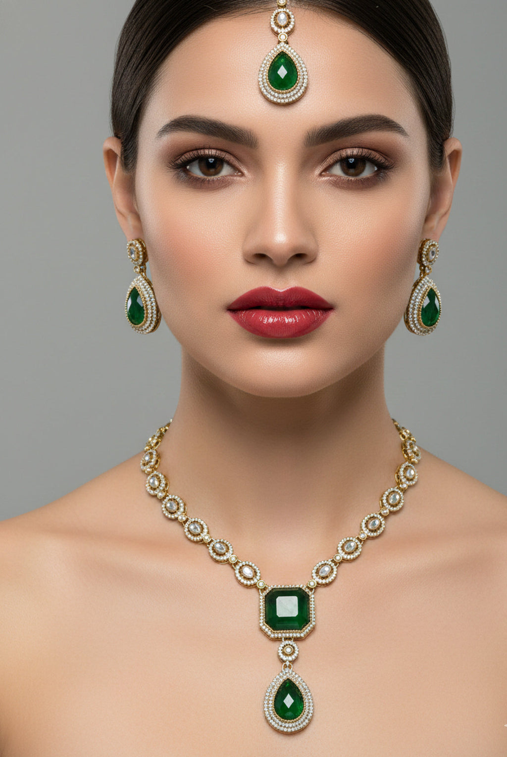 Jewel City Traditional 3-Piece Green Jewelry Set (Necklace, Earrings, And Maang Tikka)