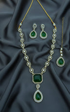 Jewel City Traditional 3-Piece Green Jewelry Set (Necklace, Earrings, And Maang Tikka)
