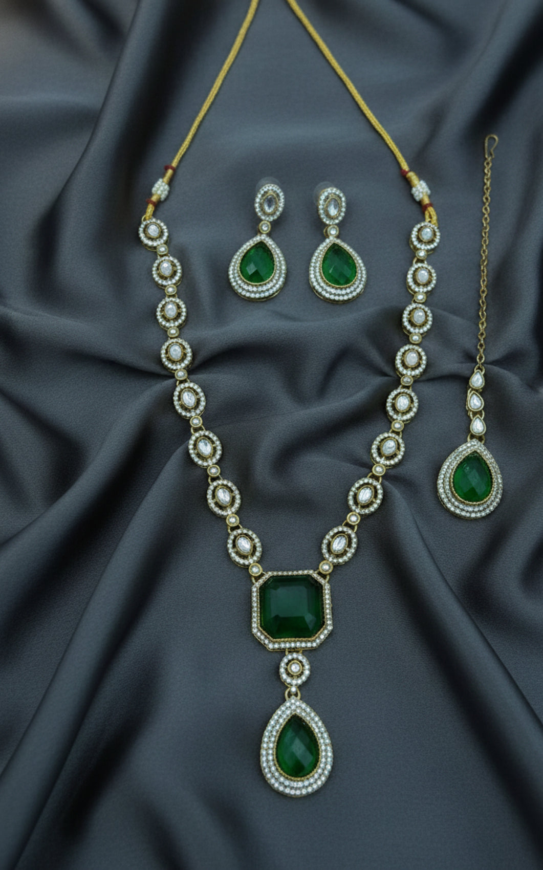 Jewel City Traditional 3-Piece Green Jewelry Set (Necklace, Earrings, And Maang Tikka)
