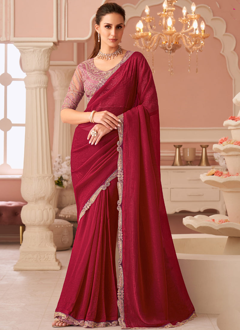 Vegaa Fashion Red Georgette Embroidered Party Wear Saree - Distacart