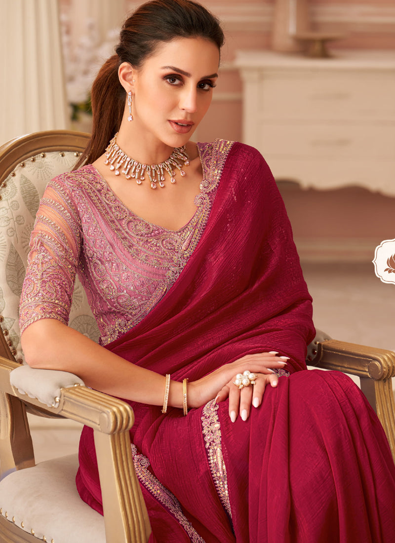 Vegaa Fashion Red Georgette Embroidered Party Wear Saree - Distacart