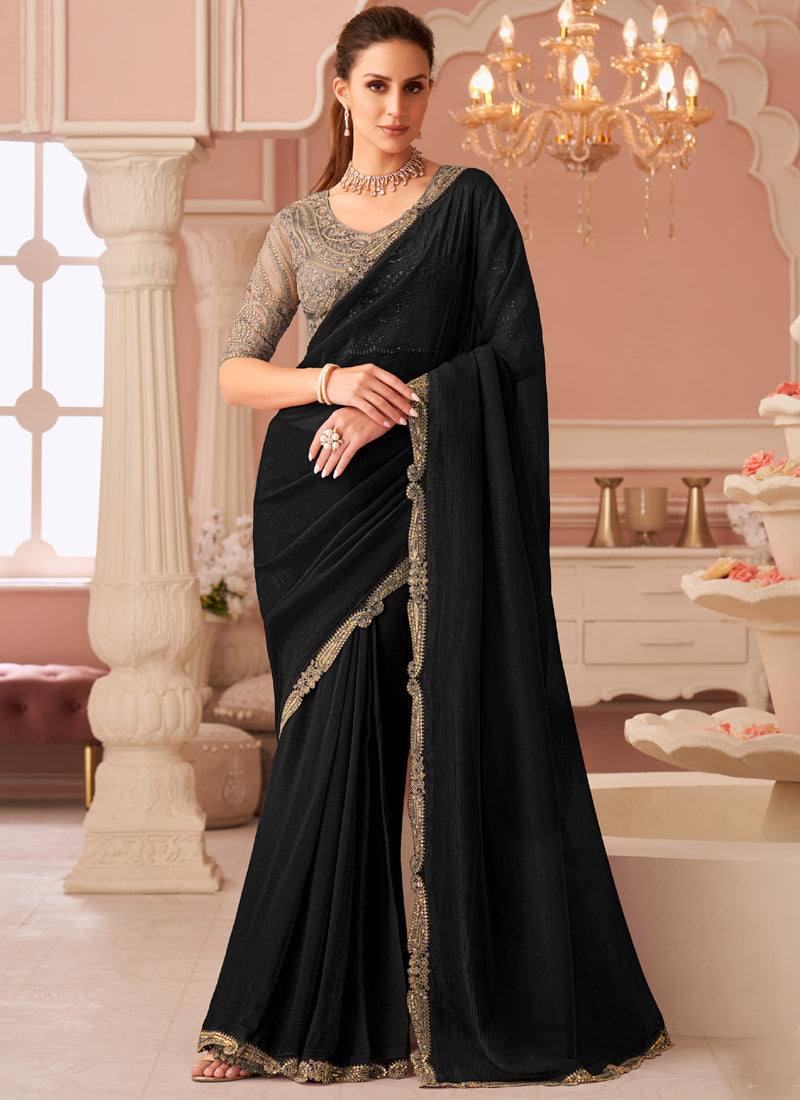 Vegaa Fashion Black Georgette Embroidered Party Wear Saree - Distacart