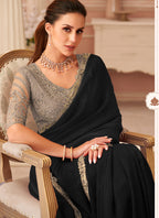 Vegaa Fashion Black Georgette Embroidered Party Wear Saree - Distacart