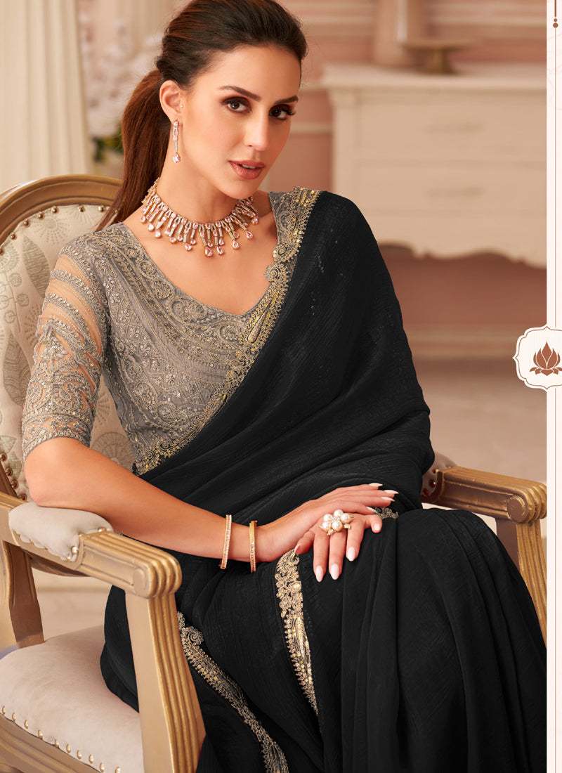 Vegaa Fashion Black Georgette Embroidered Party Wear Saree - Distacart