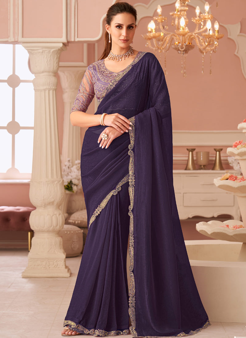 Vegaa Fashion Violet Georgette Embroidered Party Wear Saree - Distacart