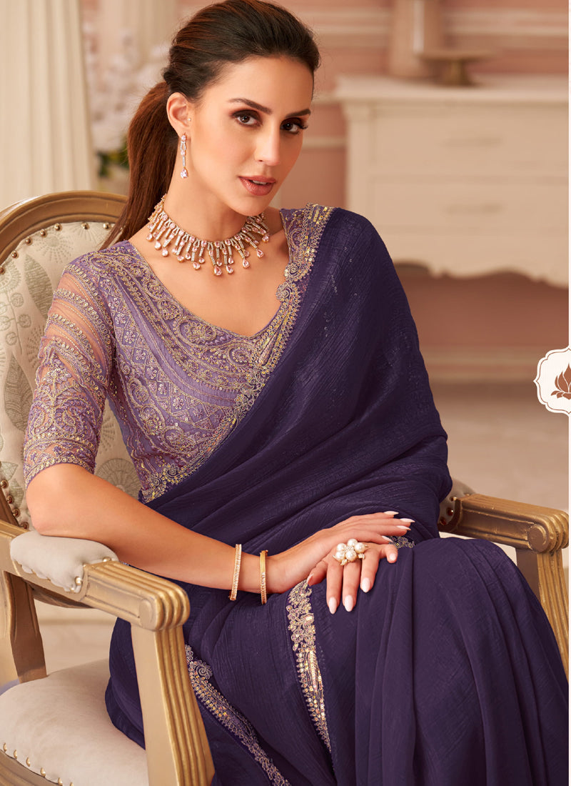 Vegaa Fashion Violet Georgette Embroidered Party Wear Saree - Distacart