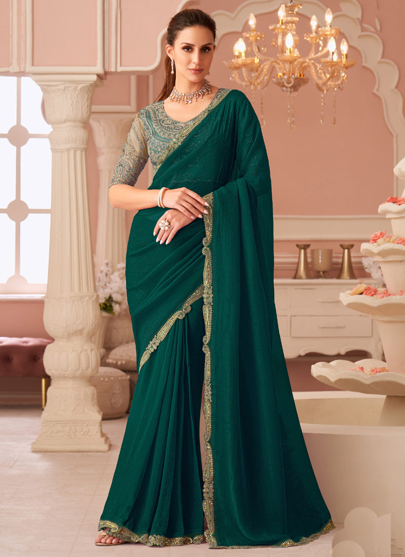Vegaa Fashion Green Georgette Embroidered Party Wear Saree - Distacart