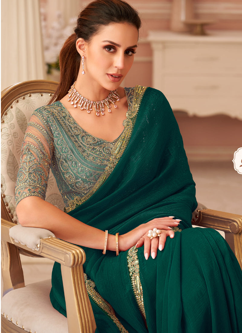 Vegaa Fashion Green Georgette Embroidered Party Wear Saree - Distacart