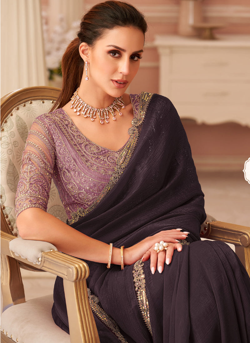 Vegaa Fashion Dark Brown Georgette Embroidered Party Wear Saree - Distacart