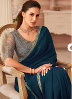 Vegaa Fashion Aqua Blue Georgette Embroidered Party Wear Saree - Distacart