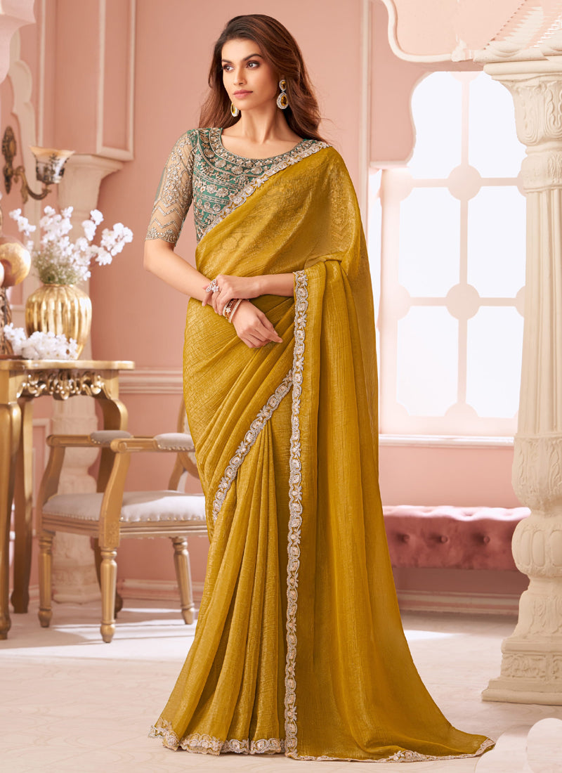 Vegaa Fashion Yellow Georgette Embroidered Party Wear Saree - Distacart