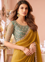 Vegaa Fashion Yellow Georgette Embroidered Party Wear Saree - Distacart