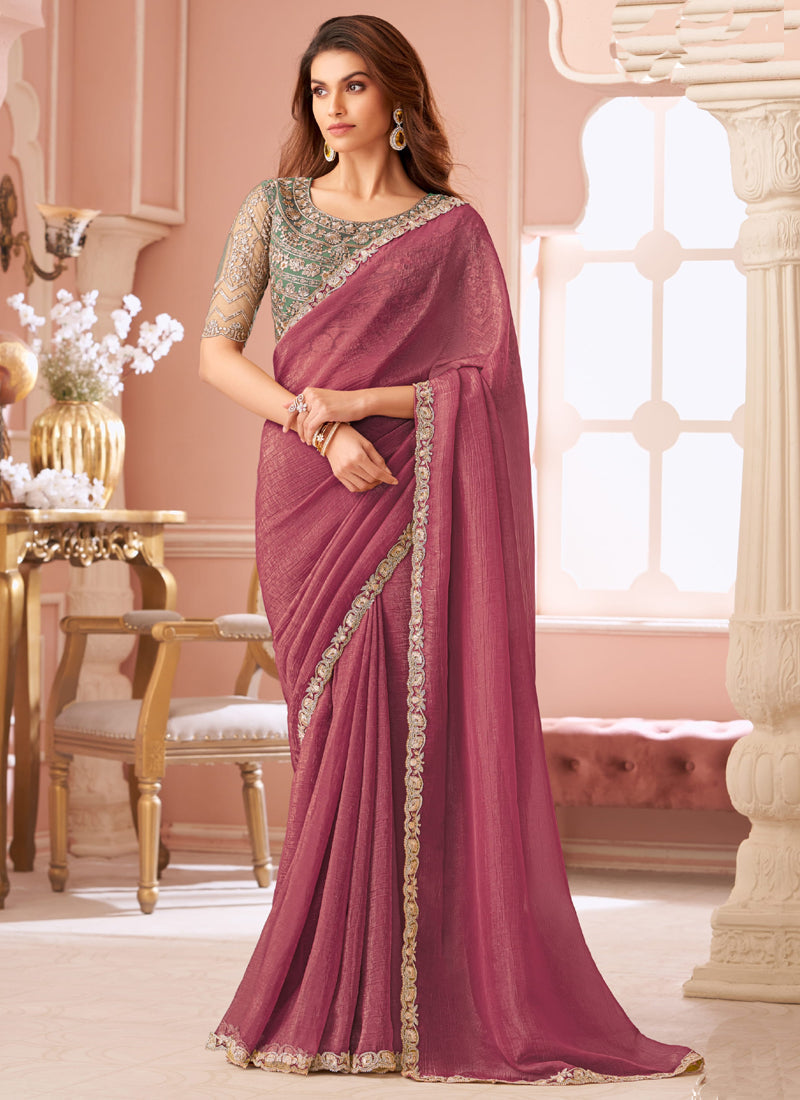 Vegaa Fashion Onion Pink Georgette Embroidered Party Wear Saree - Distacart